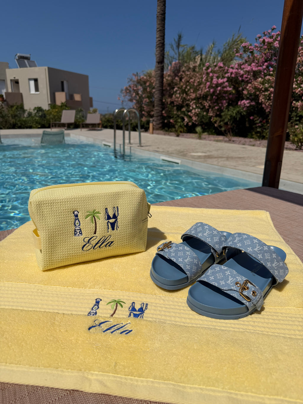 Yellow palm pouch&towel set🍋🌴🩵
