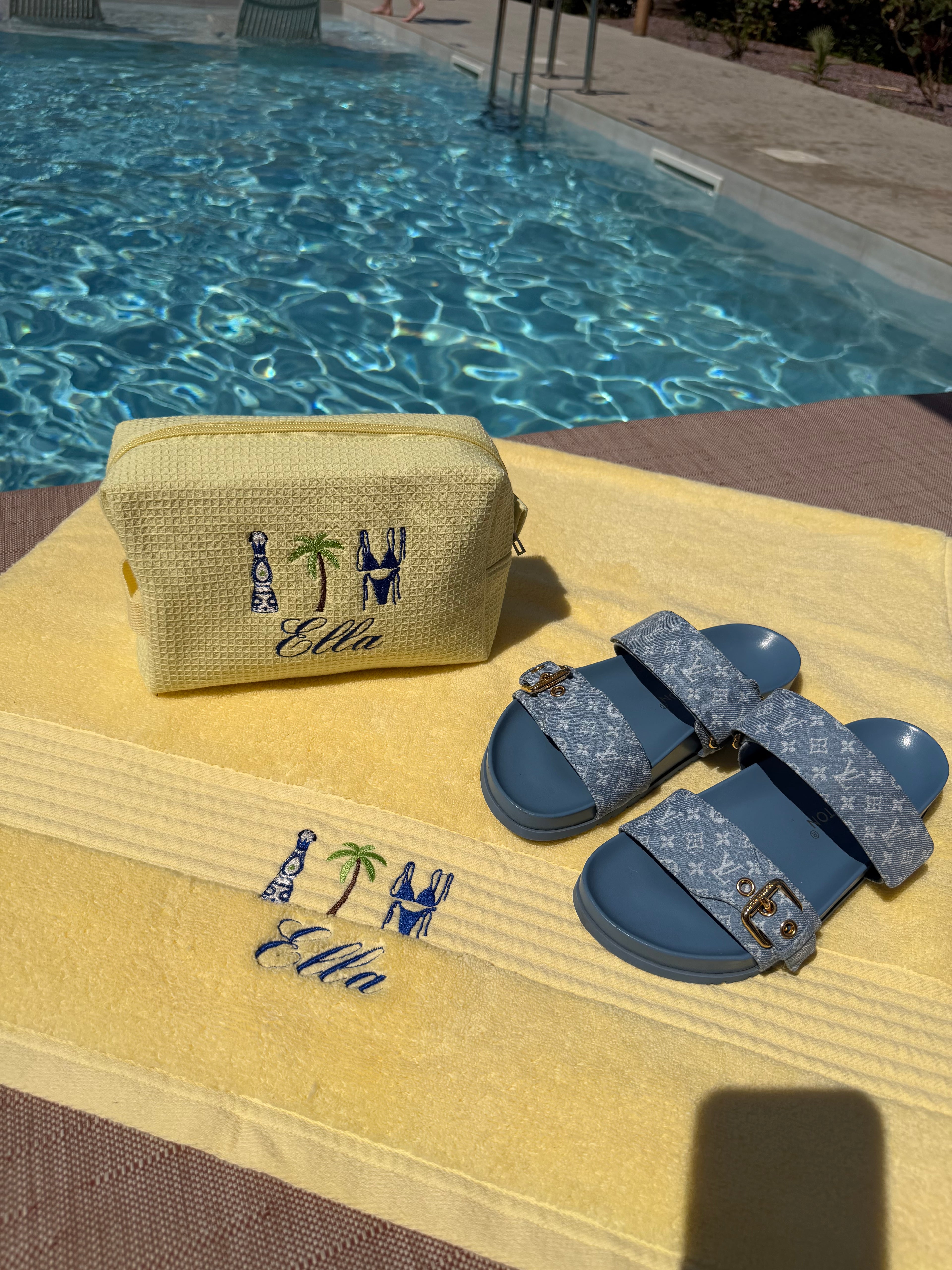 Yellow palm pouch&towel set🍋🌴🩵