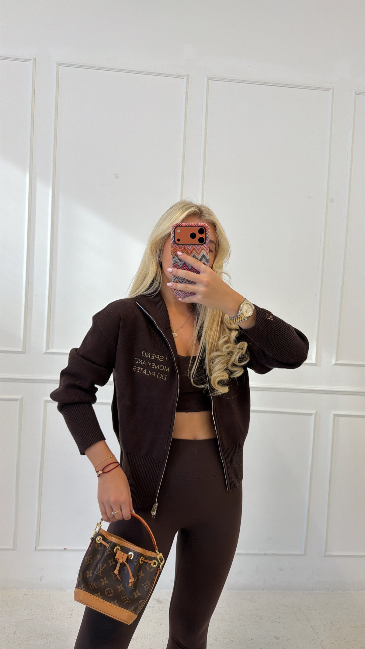 I spend money and I do Pilates brown cardigan🤎✨🍦