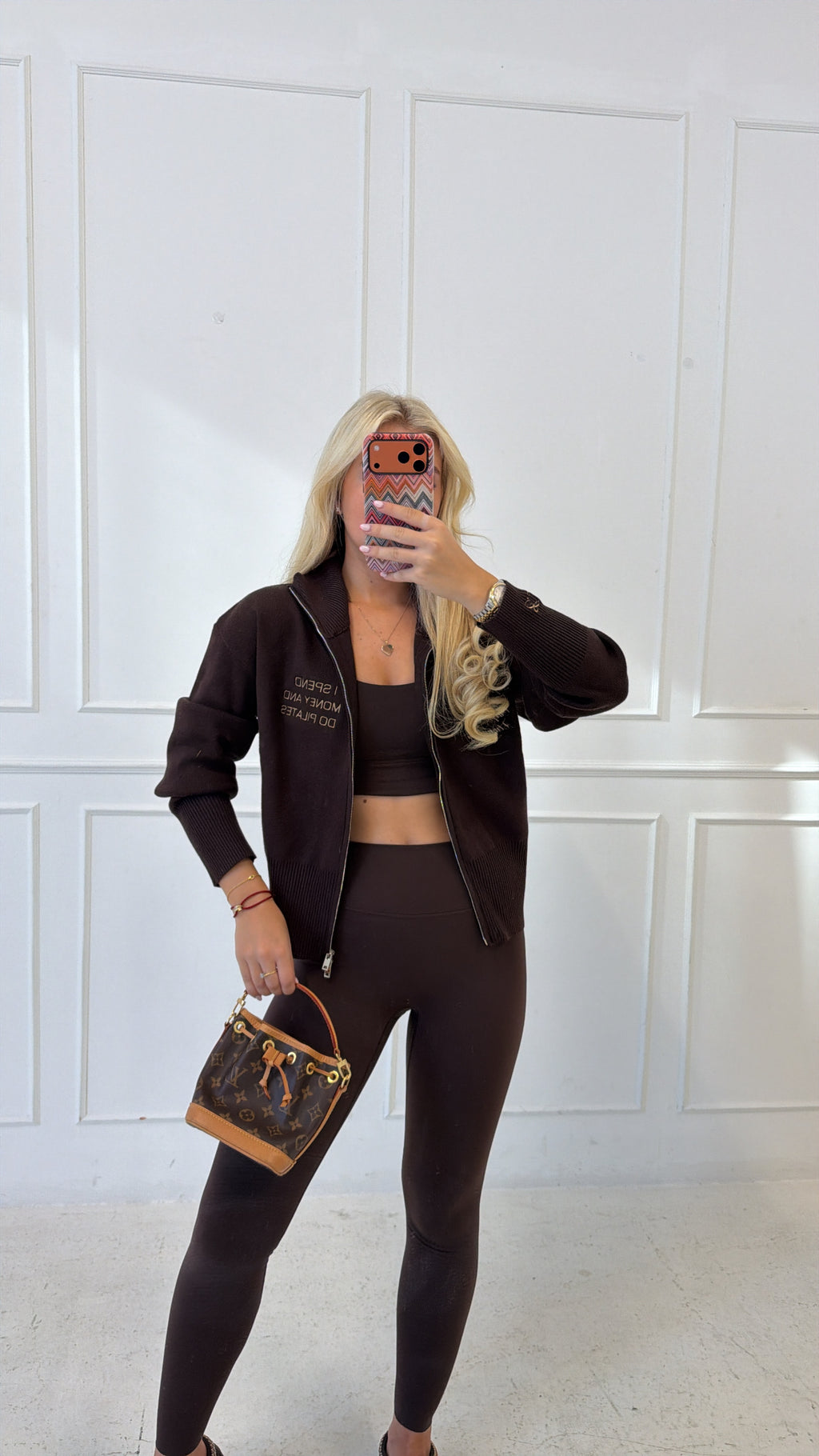 I spend money and I do Pilates brown cardigan🤎✨🍦