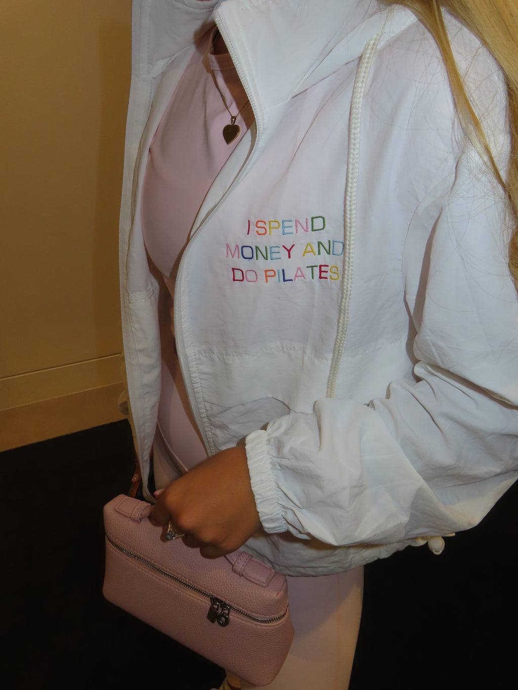 ‘I spend money and do Pilates’ windbreaker ❤️💙💚💛🧡