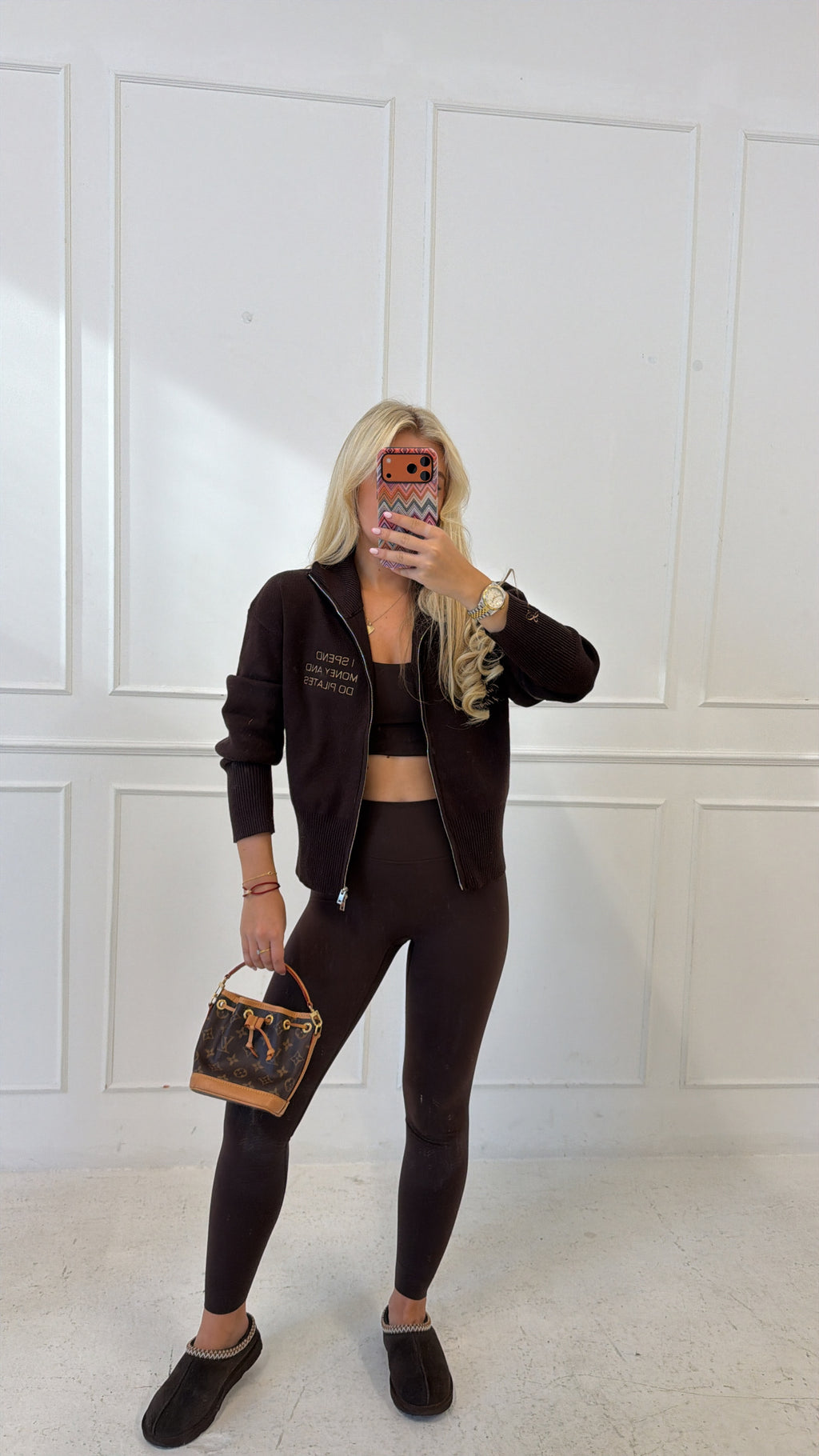 I spend money and I do Pilates brown cardigan🤎✨🍦