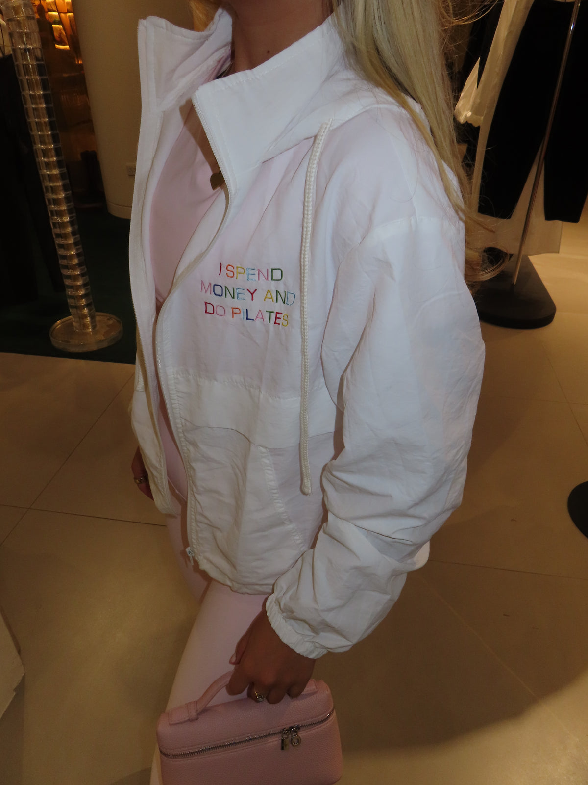 ‘I spend money and do Pilates’ windbreaker ❤️💙💚💛🧡